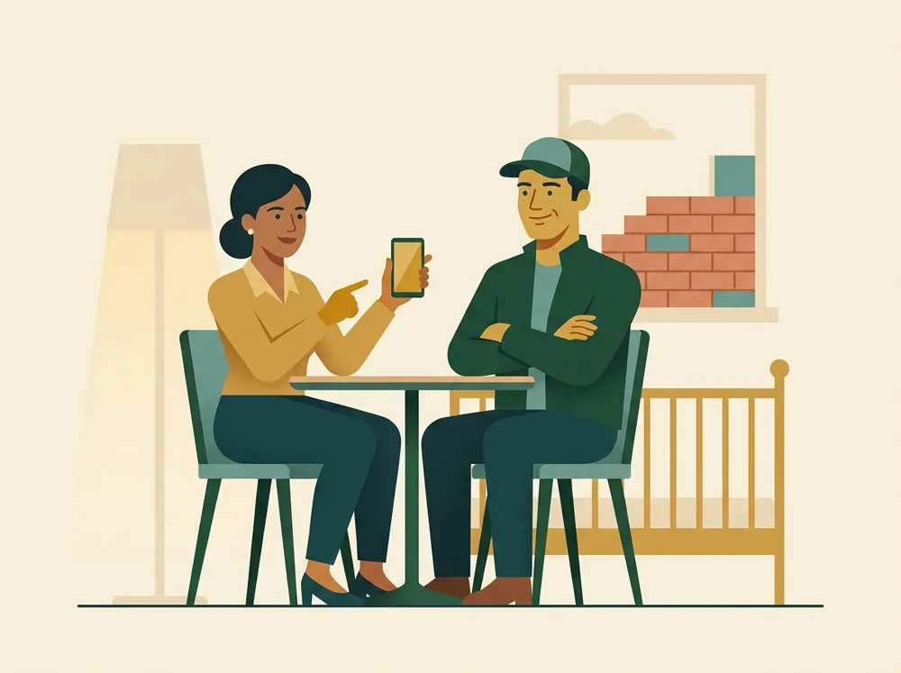 Pareja en la mesa; ella explica con el teléfono, él escucha