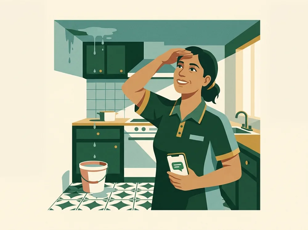 Mujer en su cocina mirando una gotera, con el teléfono en la mano